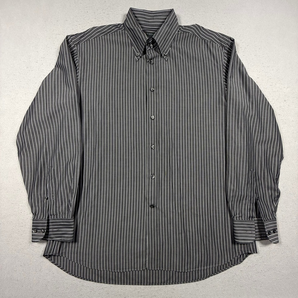 Canali Mens Black White Pinstripe Button Down Shirt Long Sleeve Cotton Italy